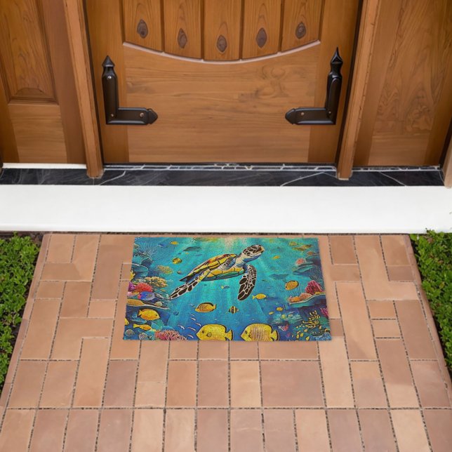 Vibrant Sea Turtle Reef Art Fiber Doormat (Insitu (Outdoor))