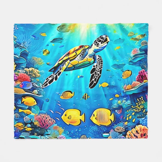 Vibrant Sea Turtle Reef Art Fleece Blanket (Front (Horizontal))