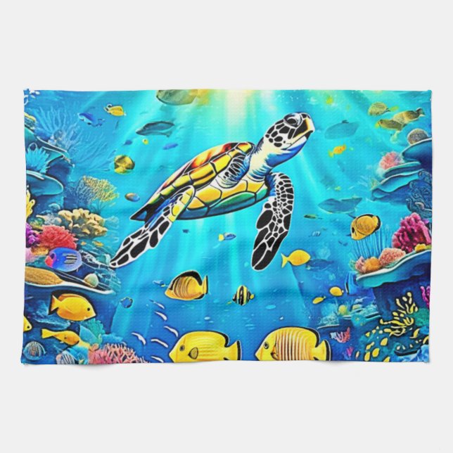 Vibrant Sea Turtle Reef Art Kitchen Towel (Horizontal)
