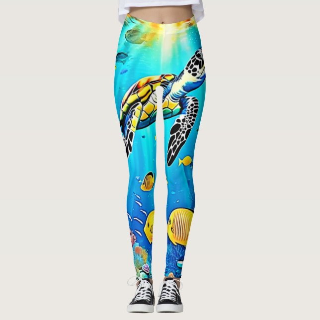 Vibrant Sea Turtle Reef Art Leggings (Front)