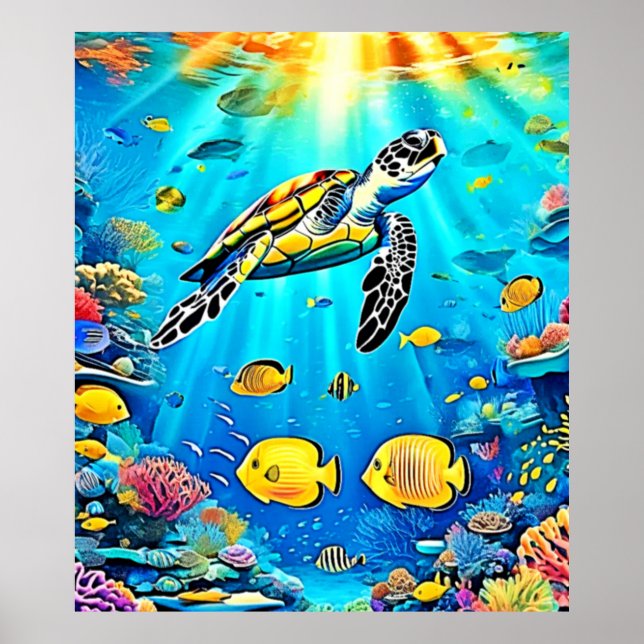 Vibrant Sea Turtle Reef Art Poster (Front)