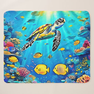 Vibrant Sea Turtle Reef Art Sherpa Blanket