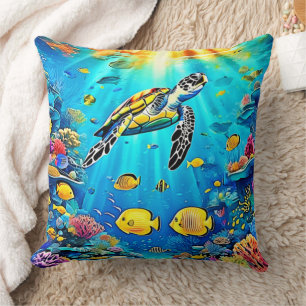 Vibrant Sea Turtle Reef Art Throw Pillow