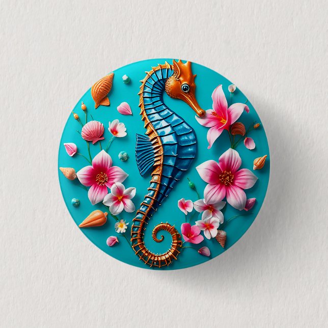 Vibrant Seahorse and Coral Reef Scene Button (Front)