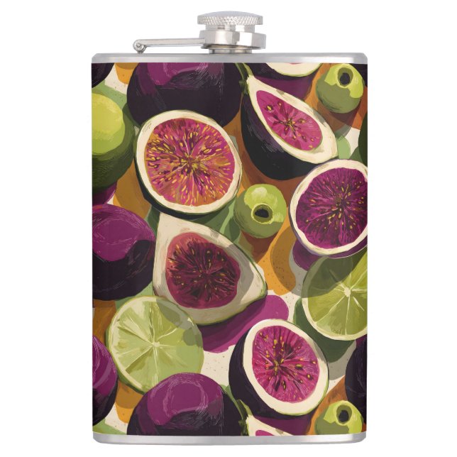 Vibrant Seamless Pattern of Sliced Figs and Limes Flask (Front)