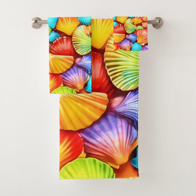 Vibrant Seashell Symphony Art Bath Towel Set (Insitu)
