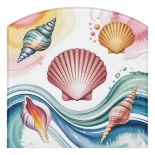 Vibrant Seashell Watercolor Art Print Door Sign