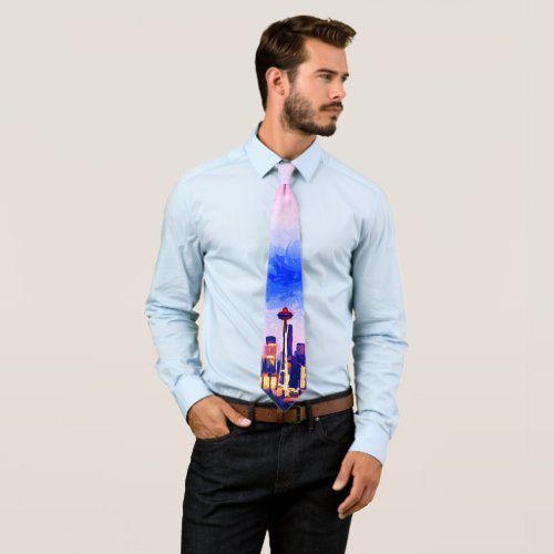 Vibrant Seattle City Sunset Orange Watercolor Neck Tie