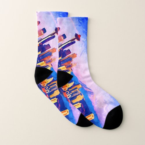 Vibrant Seattle City Sunset Orange Watercolor Socks