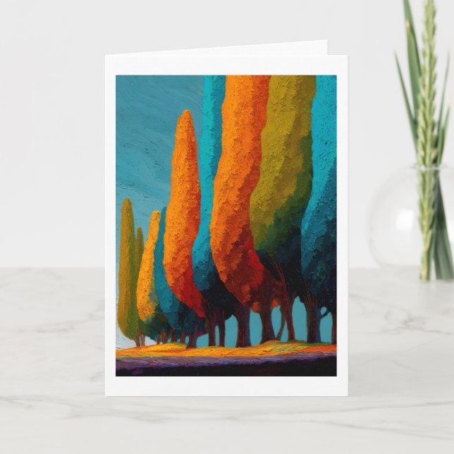 Vibrant Sentinel Trees, Abstract Greeting Card (Front)