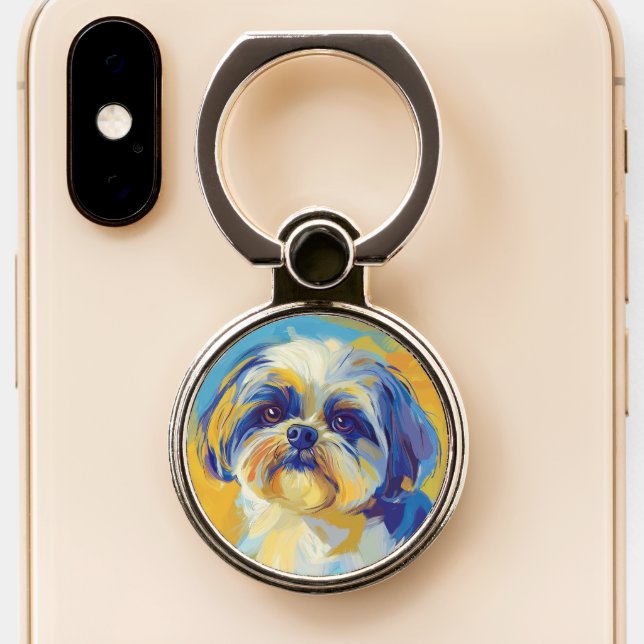 Vibrant Shih Tzu Painting Phone Ring Stand (Close Up)