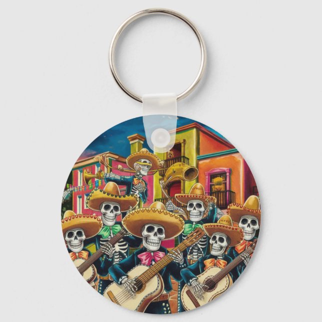 Vibrant Skeleton Mariachi Band Día de Los muertos Keychain (Front)