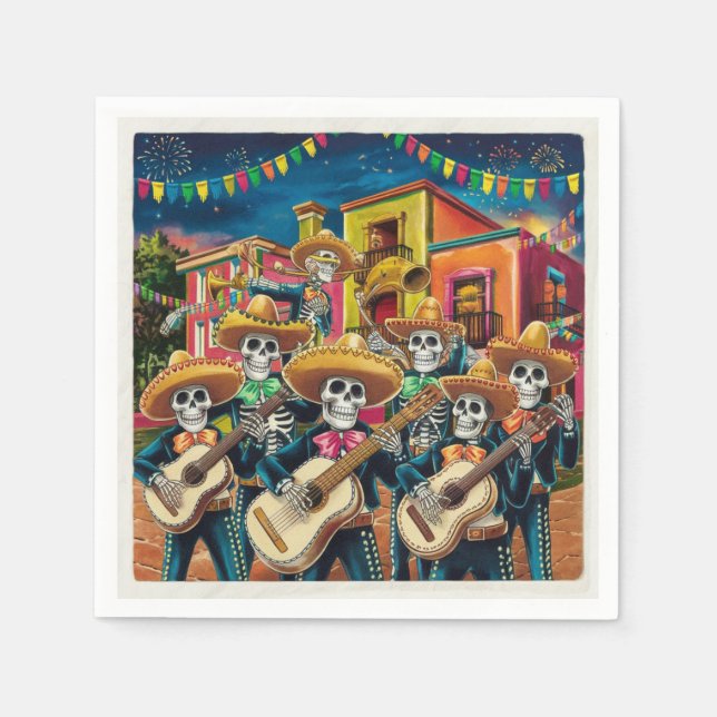 Vibrant Skeleton Mariachi Band Día de Los muertos Napkins (Front)