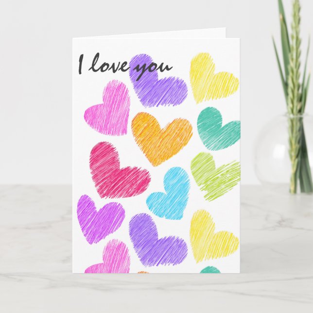 Vibrant sketchy hearts "I love you" Card (Front)
