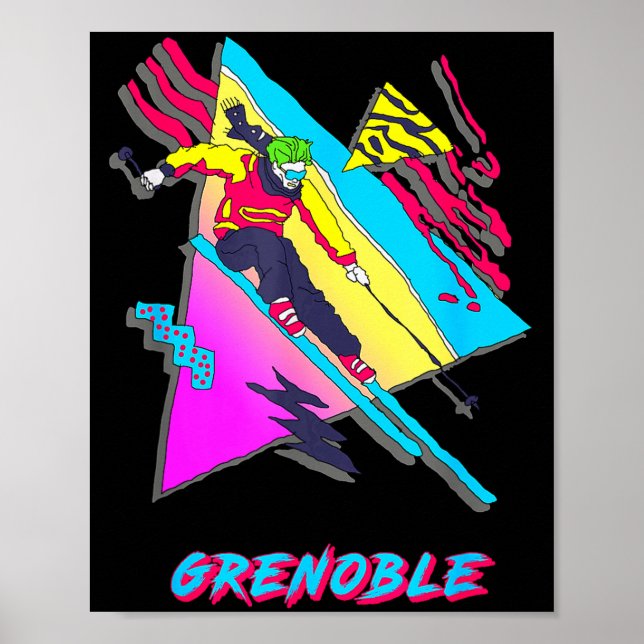 Vibrant skiing design featuring grenoble text ski poster (Front)