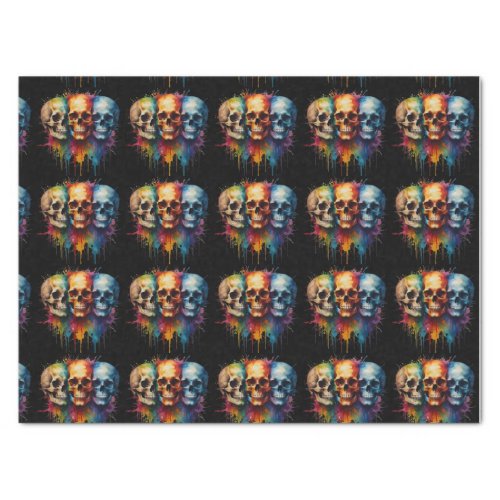 Vibrant Skull Art on Black Background Tissue Paper