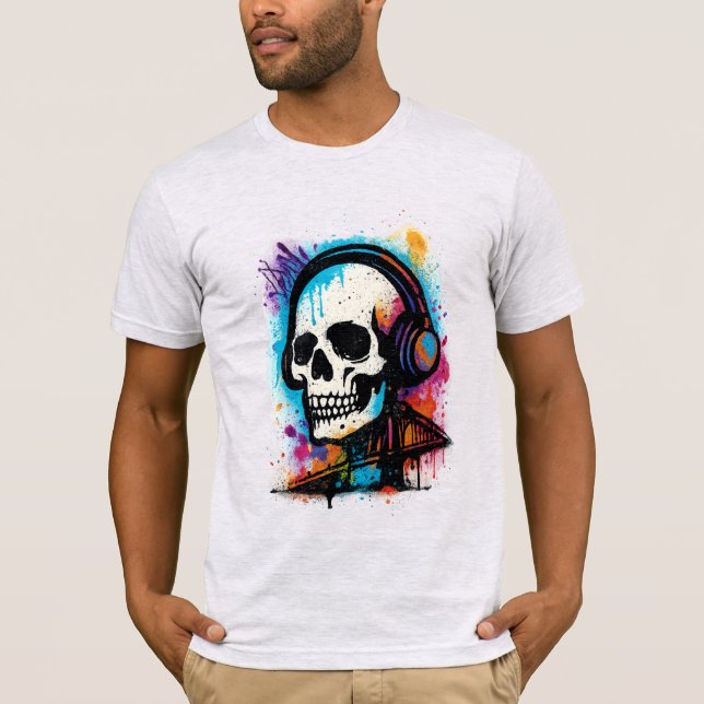 Vibrant Skull in Headphones – Graffiti Splash Art T-Shirt (Front)
