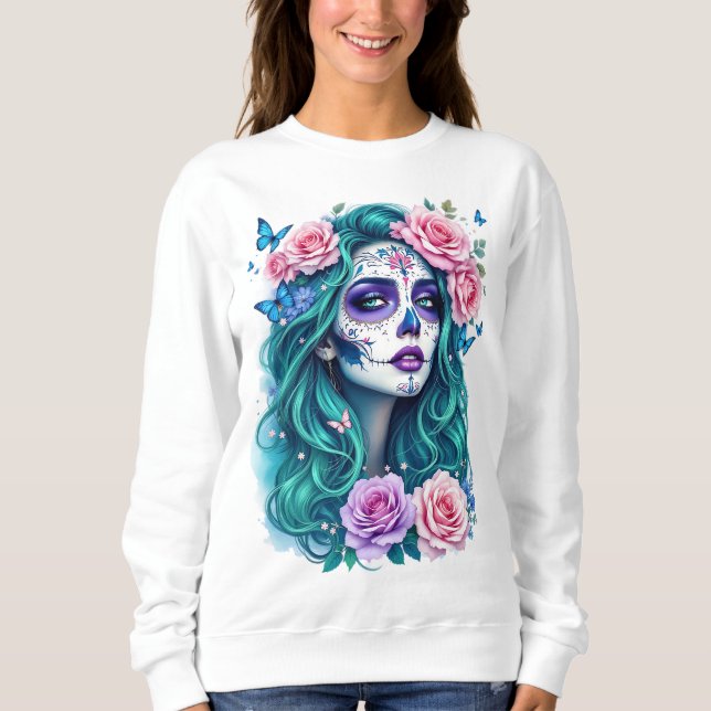 Vibrant Skull with Roses, Gift For Her Sweatshirt (Front)