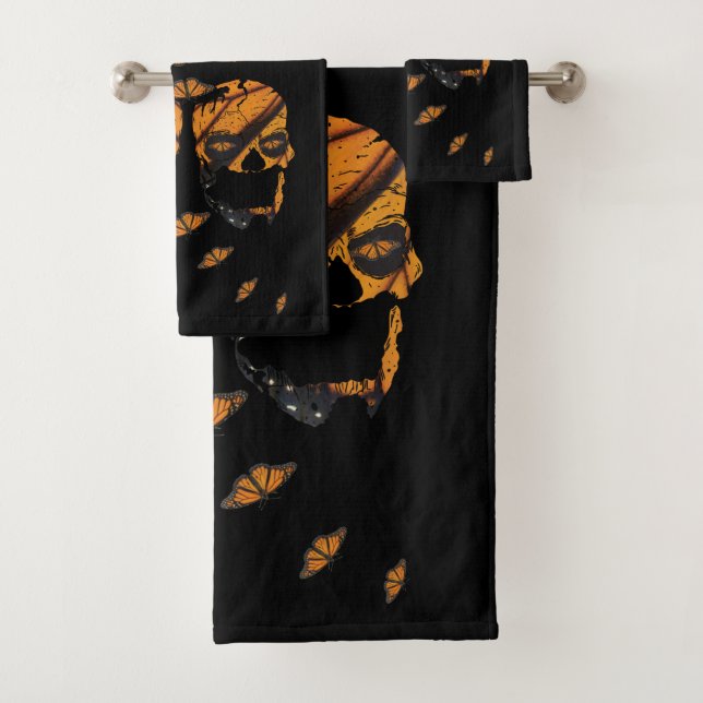 Vibrant Skulls Monarch Butterfly Art Bath Towel Set (Insitu)