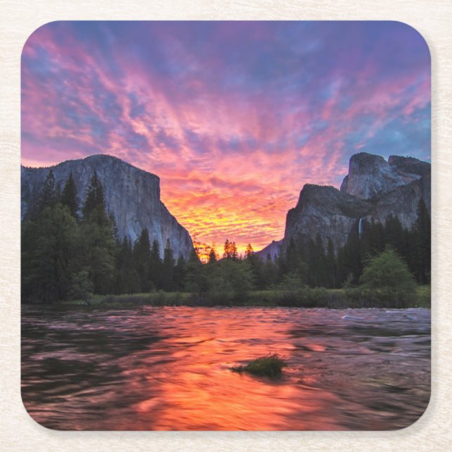 Vibrant Sky | Yosemite Valley Square Paper Coaster (Front)