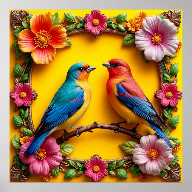 Vibrant Songbirds Surrounded by Floral Frame Poster (Front)