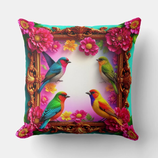 Vibrant Songbirds Surrounded by Floral Frame Throw Pillow (Front)