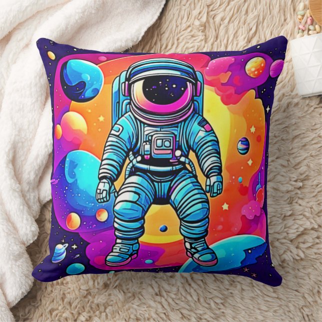 Vibrant Space Cartoon Art: Astronaut Dreams Throw Pillow (Blanket)