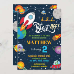 Vibrant Space Rocket Ship Planets Birthday Party Invitation
