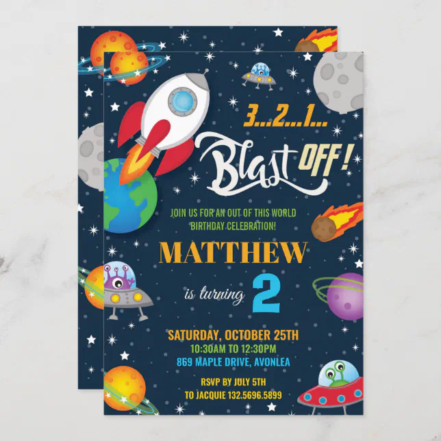 Vibrant Space Rocket Ship Planets Birthday Party Invitation | Zazzle