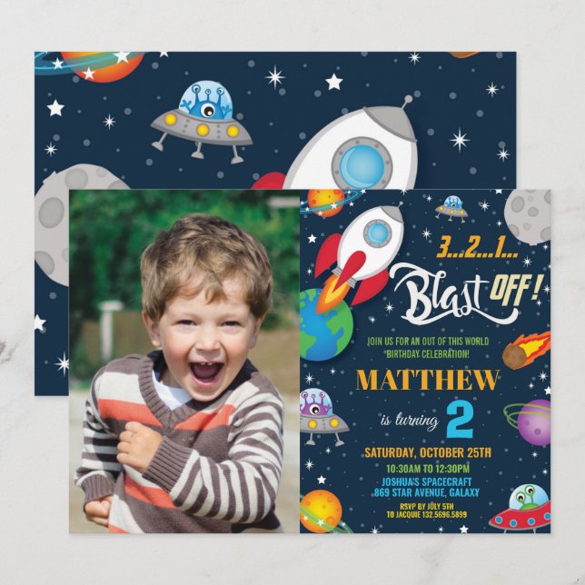 Vibrant Space Rocket Ship Planets Birthday Photo Invitation (Front/Back)