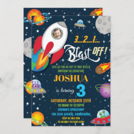 Vibrant Space Rocket Ship Planets Birthday Photo Invitation