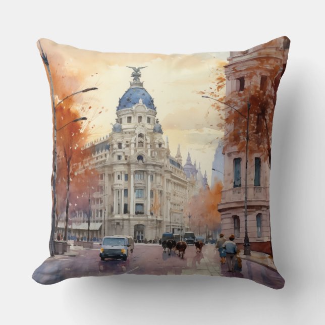 Vibrant Spanish City Street Watercolor - Autumn Throw Pillow (Front)