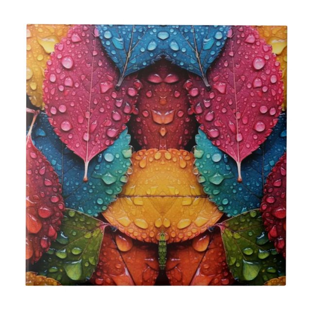 Vibrant Spectrum Raindrops on Leaves”Ceramic Tile (Front)