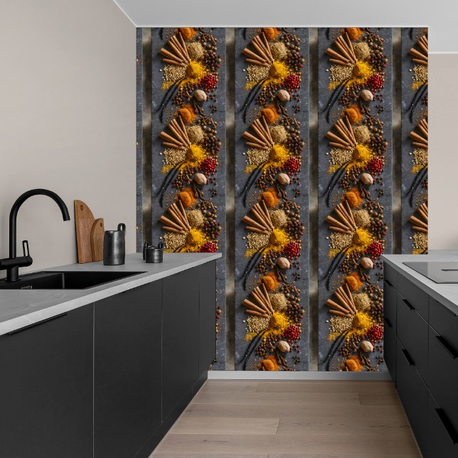 Vibrant Spices on Dark Gray Stone DIY Peel & Stick Wallpaper (Creator Uploaded)