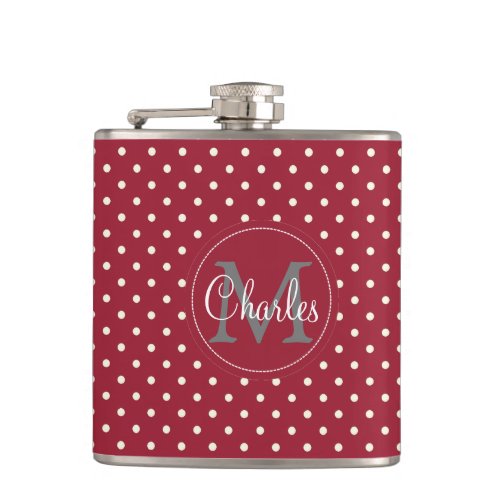 Vibrant Spicy Red White Polka Dots Monogrammed Flask