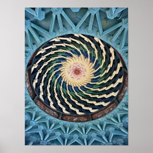 Vibrant spiral pattern on ceiling of a temple poster (Front)