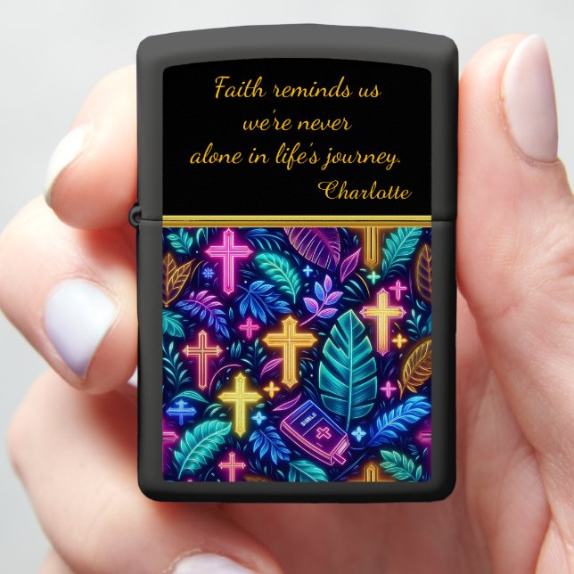 Vibrant Spiritual Design With Crosses and Foliage Zippo Lighter (In Hand)