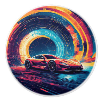 Vibrant Sports Car in a Dynamic Abstract Art Ceramic Knob