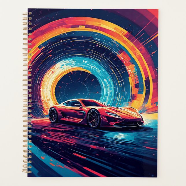 Vibrant Sports Car in a Dynamic Abstract Art Planner (Front)