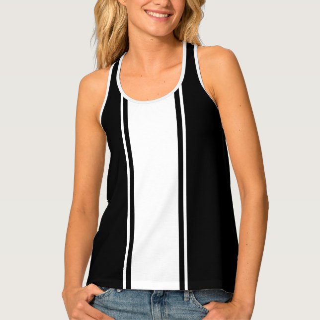 Vibrant Sporty Black White Vertical Racing Stripes Tank Top (Front)