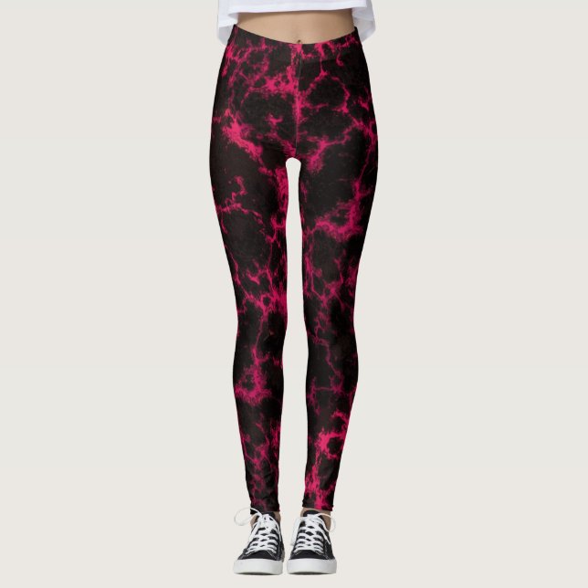 Vibrant Spotted Pink and Black Flames Leggings (Front)
