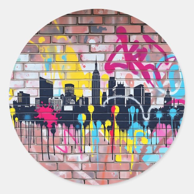 Vibrant Spray-Painted City Skyline Classic Round Sticker (Front)