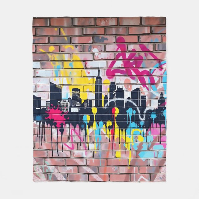 Vibrant Spray-Painted City Skyline Fleece Blanket (Front)