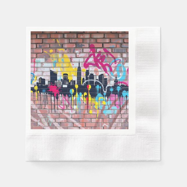 Vibrant Spray-Painted City Skyline Napkins (Front)