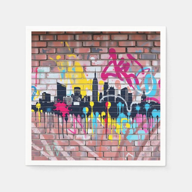 Vibrant Spray-Painted City Skyline Napkins (Front)