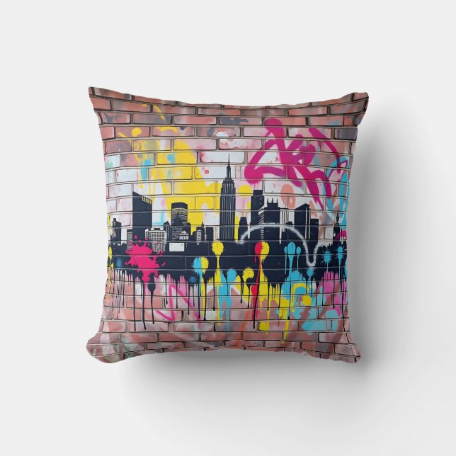 Vibrant Spray-Painted City Skyline" Throw Pillow (Front)