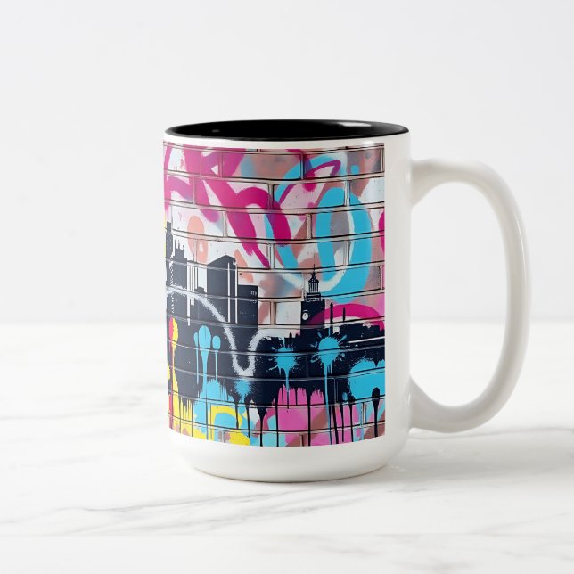 Vibrant Spray-Painted City Skyline Two-Tone Coffee Mug (Right)
