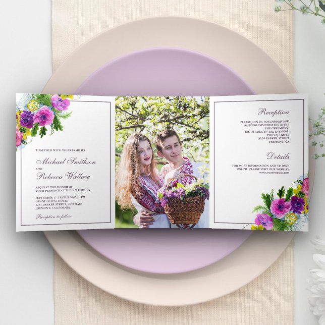 Vibrant Spring Floral Bouquet Photo Wedding Tri-Fold Invitation (Creator Uploaded)