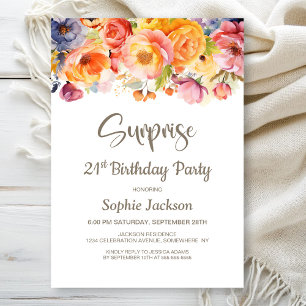 Vibrant Spring Floral Surprise 21st Birthday Party Invitation