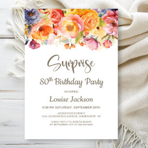 Vibrant Spring Floral Surprise 80th Birthday Party Invitation